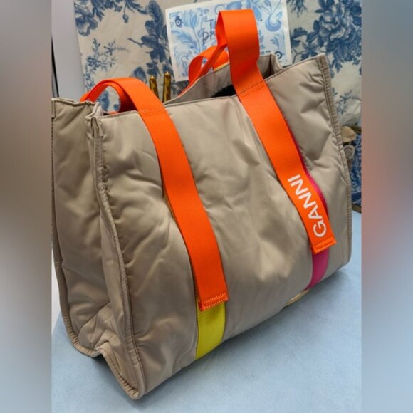 🆕 GANNI 🧿 NWT Medium Recycled Tech Tote, Tan & Orange - Picture 6 of 11